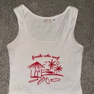 Cream Crop Top with “freaks who surf” Red Print